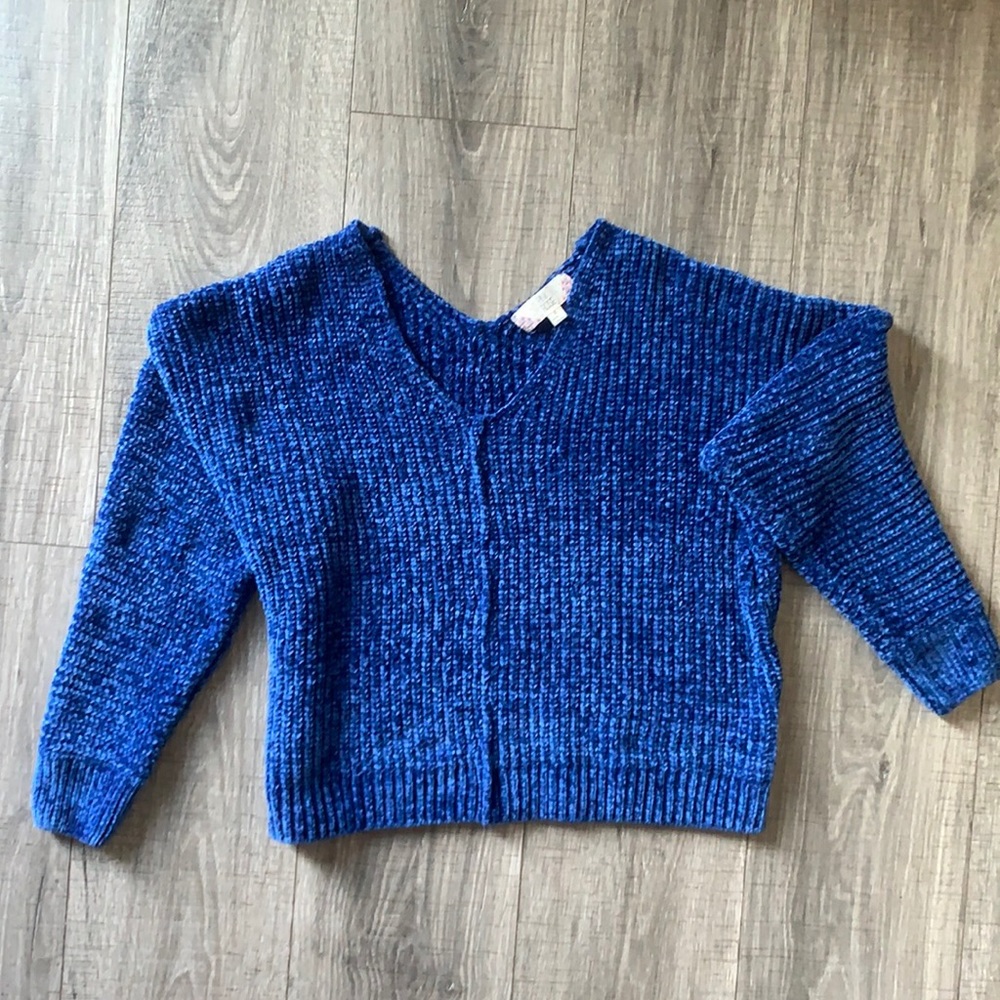 Pink Rose Royal Blue Crop Length Chenille Sweater Size Small